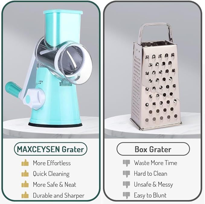Rotary Cheese Grater with Handle Vegetable Shredder Round Kitchen Slicer Mandoline Grater for Vegetable, Nuts, Chocolate, Cheese, White, 3 Stainless Steel Blades