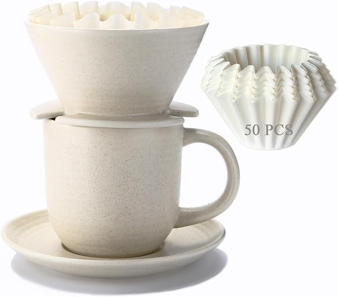 Pour Over Coffee Maker, with 50 PCS Basket Coffee Filters, 310 ml/10 oz Mug with Saucer & Coffee Dripper, Ceramic, Off-white