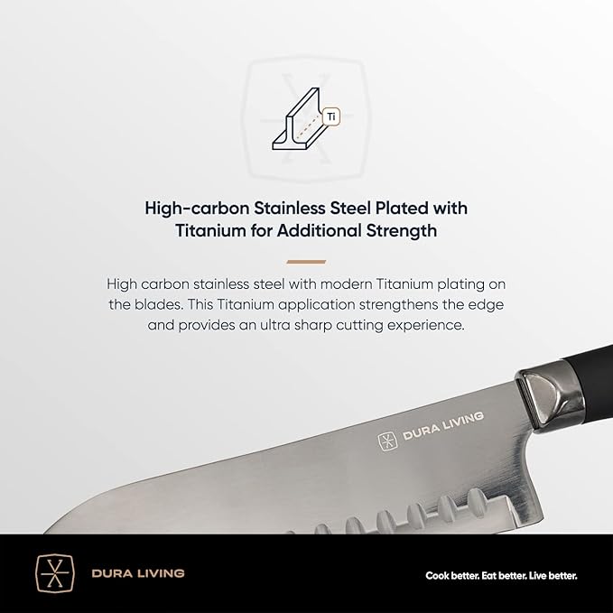 DURA LIVING Chef Knife, 8 Inch Nonstick Titanium Plated Stainless Steel Ultra Sharp Blade, With Ergonomic Comfort Grip Handle Chef's Cooking Knife, With Matching Sheath
