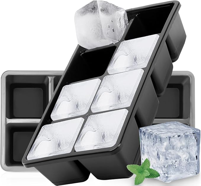 Large Ice Cube Molds 2 Pack, FURNSII Silicone Ice Cube Tray for Freezer with Lid, 8 Giant Square Cubes, Easy Release Stackable Ice Molds for Whisky Cocktails (Black)