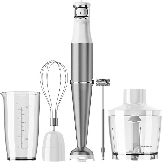Immersion Blender Handheld Corded Hand Blenders Set 1100W, Trigger Variable Speed 5 in 1 Stick Emulsifier with Chopper, Whisk and Frother for Soup, Baby Food and Smoothies, White，Case