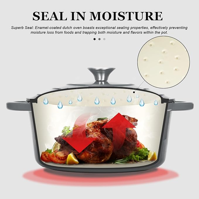 Overmont Enameled Cast Iron Dutch Oven - 7QT Pot with Lid Cookbook & Cotton Potholders - Heavy-Duty Cookware for Braising, Stews, Roasting, Bread Baking grey