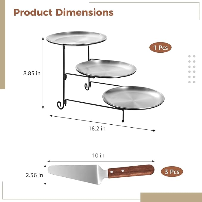 7 Pcs Pizza Pan Riser Stands Sets, Including 3 Tier Dessert Stand with Stainless Steel Pizza Pans(7.87in), and 3 Cake Spatulas for Cakes, Desserts, Pizza, Appetizers