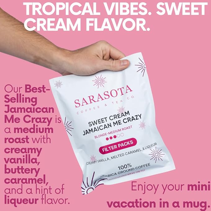 Ground Flavored Coffee In Filter Packs | Medium Roast Low Acid Mold Free Pouches | Sampler Packets | Sweet Cream Jamaican Me Crazy Gourmet Powder Bags for 10-12 Cup Drip Maker | Highest Rated Individual Premeasured Coffee