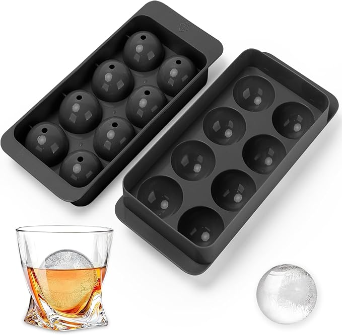 Round Ice Cube Mold,8 PCS x 1.8 in Whiskey Ice Cubes,Circle Ice Cube Tray with Lid,Large Ice Ball Maker Mold Sphere Ice Cube,Large Ice Cube Molds for Cocktails,Coffee(Round Ice Cube Mold,Black