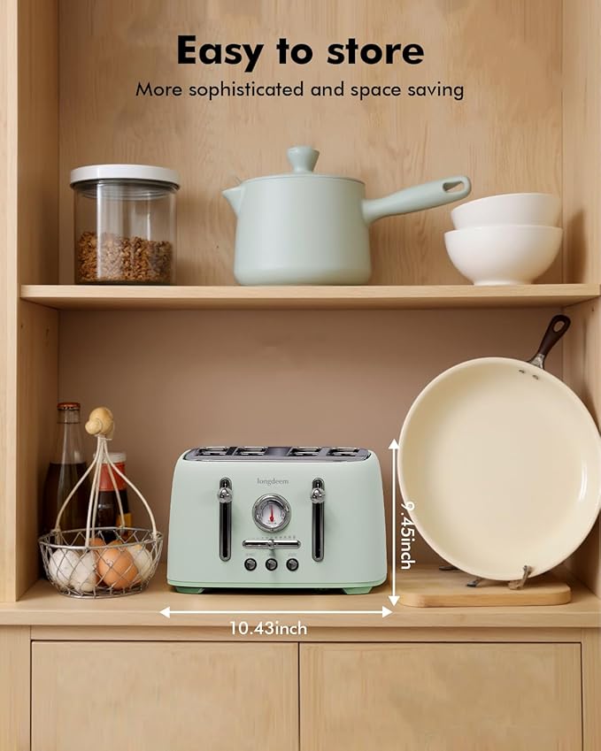 LONGDEEM Retro 4-Slice Toaster 1.6" Wide Slots - 6 Toast Settings with Bagel Function, Stainless Steel Body, Defrost/Cancel Button & Crumb Tray, Vintage Green