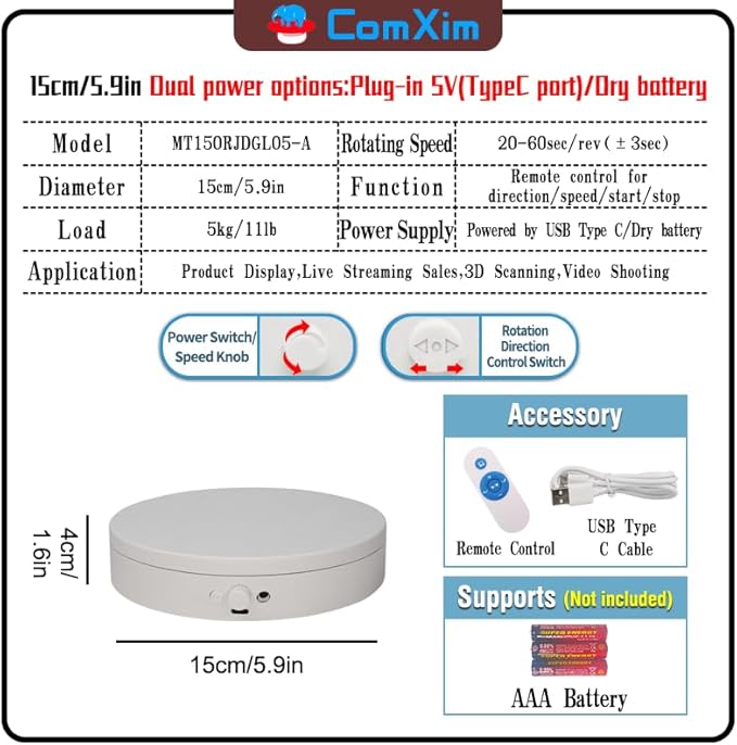 Knob Speed Adjustment Remote Control Motorized Rotating Display Stand 3d scanner Electric Turntable rotating platform for Photography Products Shows,Jewelry,Watch,3D Models,Cake Support AAA