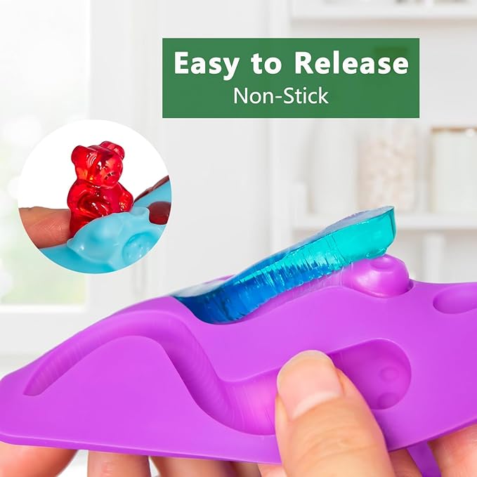 Large Gummy Bear and Worm Molds Silicone, Food-Grade Non-Stick Candy Molds Fruit Snacks Molds BPA Free with 2 Droppers & 1 Cleaning Brush, Set of 4