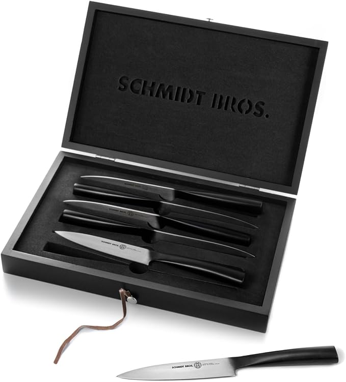 Schmidt Brothers -Bonded Ash 4-Piece Jumbo Steak Knife Set, High-Carbon German Stainless Steel Cutlery in a Wood Gift Box