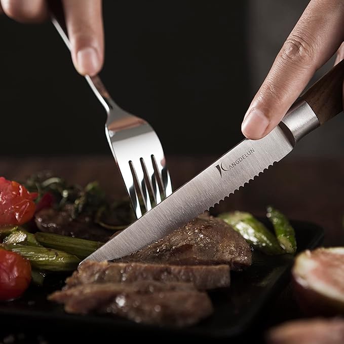 Natura Series 4.5” Serrated Steak Knife Set of 6, High Carbon Stainless Steel, Wooden Handle