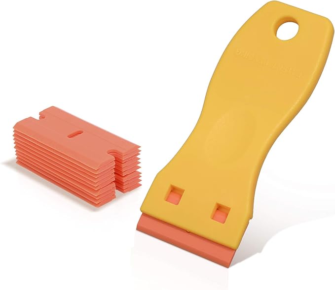 EHDIS 1.5" Plastic Razor Scraper Tool with 10pcs Double Edged Blades for Adhesive Remover,Removing Labels Stickers Decals Taping on Glass Windows(Yellow)