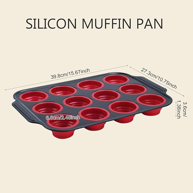 Silicone Muffin Pan, 12 Cups Cupcake Pans with Metal Frame Nonstick Muffin Tins Easy to Pop Out for Baking Cupcake Egg Bites BPA-free Cupcake Pan Mold (12 Cups-Red)