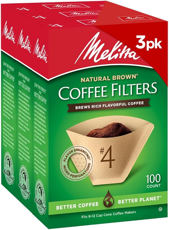 Melitta #4 Cone Coffee Filters, Natural Brown, 100 Count (Pack Of 3), 300 Total Filters - Fits all 8-12 Cup Cone Coffee Makers and Pour-Overs, Compostable, Tear-Resistant, Made in USA
