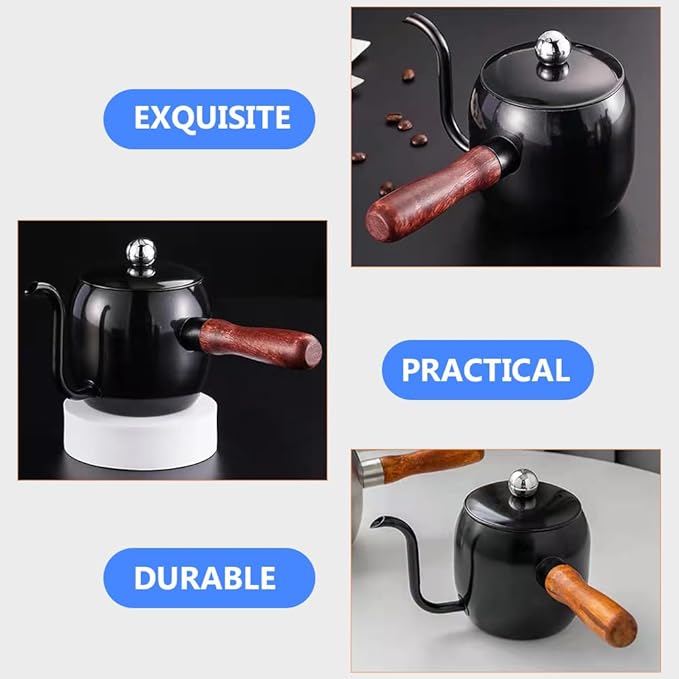 STOBOK 1Pc Japanese Style Gooseneck Coffee Kettle, 500ml Stainless Steel Drip Pot with Wooden Handle for Home, Office, Coffee Shop, Black