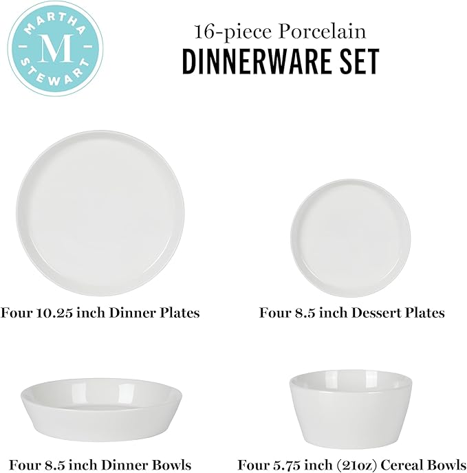 Martha Stewart Selma Chip & Scratch Resistant Dinnerware Set – White Plates and Bowls, Durable Dishwasher and Microwave Safe Dishes Set for Everyday Use