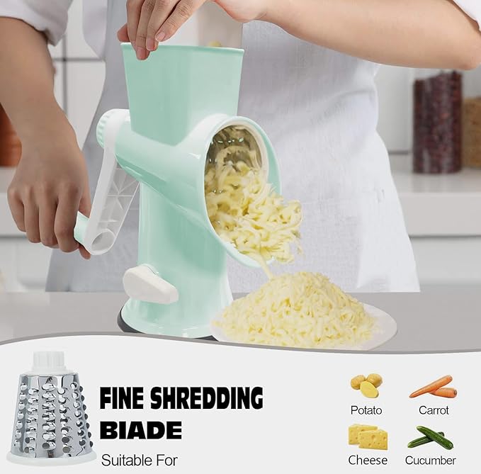Cheese Grater MultiFunction Rotary Cheese Grater Hand Crank – Cheese Shredder Effortlessly Shred,Slice,Chop.Applicable to Cheese, Vegetables,Fruits,Nuts,Non-Slip Suction Base,Easy to Clean (green)