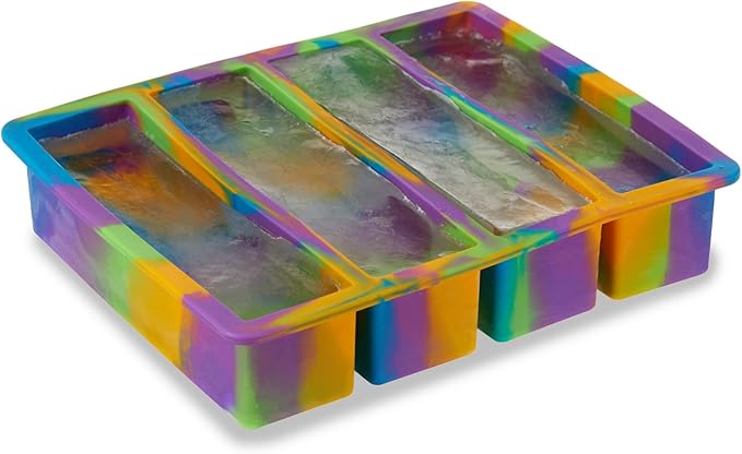 Host Ice Cube Tray, Makes Four 5-Inch Long Cubes, Durable Silicone Trays with Easy Release Design, Perfect for Water Bottles and Highball Glasses, Home Bar Accessories, Set of 1, Colored Marble