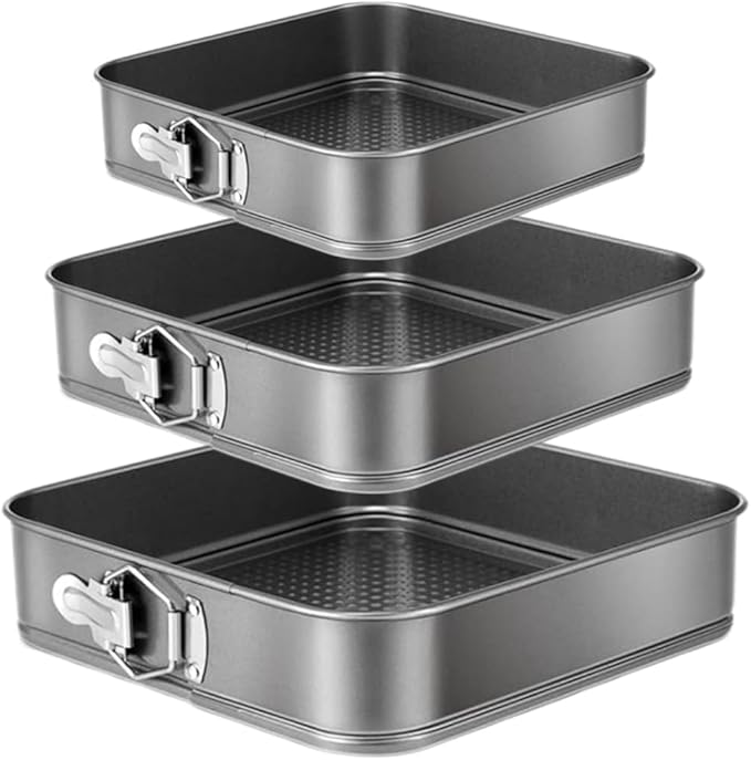Springform Cake Pan Set of 3 (9.5, 10, 11 Inch) Square Baking Pans Nonstick Cheesecake Pans with Removable Bottom Bakeware for Cake, Cheesecakes, Pizza, and Quiches