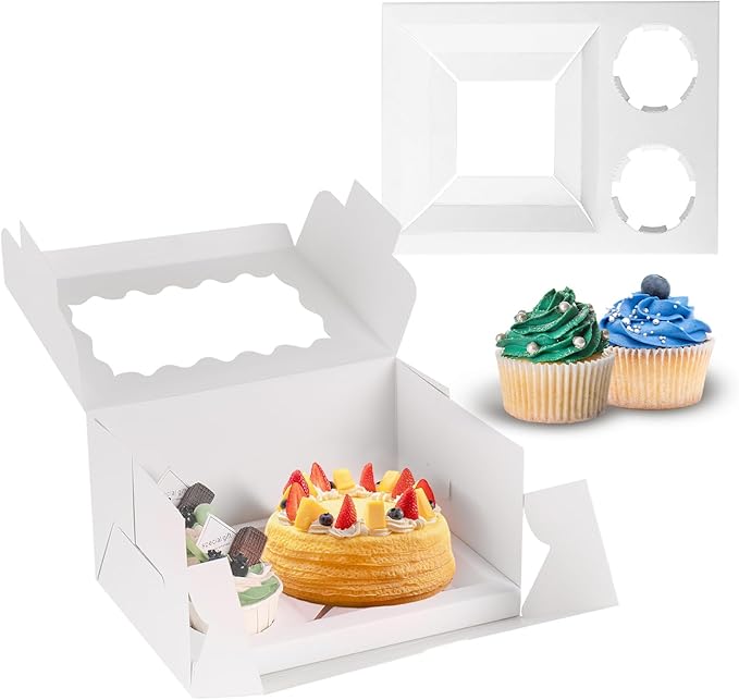 JCD 16 Packs Bento Cake and Cupcake Clear Lid with 2 Cupcake Holes - Cake and Cupcakes Boxes - Pastry Sweets Bento Box with Cupcake Insert for Family Birthday Party Mother's day(1+2/16Pcs)
