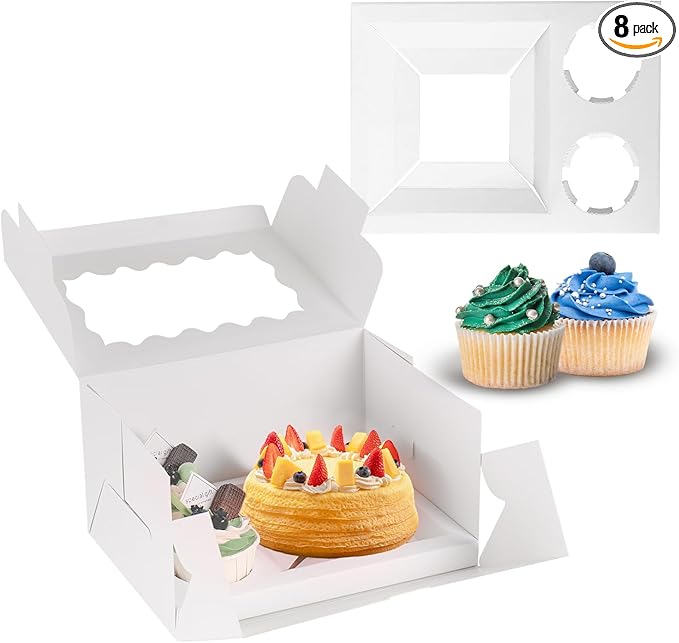 JCD 8 Packs Bento Cake and Cupcake Box 3 Holes Fit 2 Cupcakes and 1 Mini Cake Box with Clear Window and Stickers for Wedding Birthday Party Bakery Baking Supplies (1+2/8pcs)