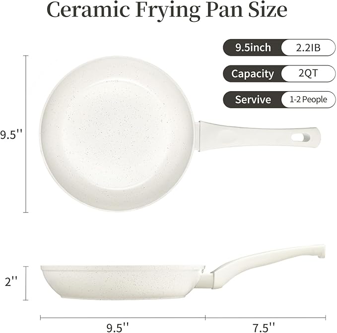 Ceramic Non Stick Frying Pan - 9.5 Inch Ceramic White Non Stick Skillet Frying Pans, Safe&No Toxic Egg Omelette Frying Pan, Nonstick Cookware Cooking Pan, Induction Compatible, PFOA&PFAS Free