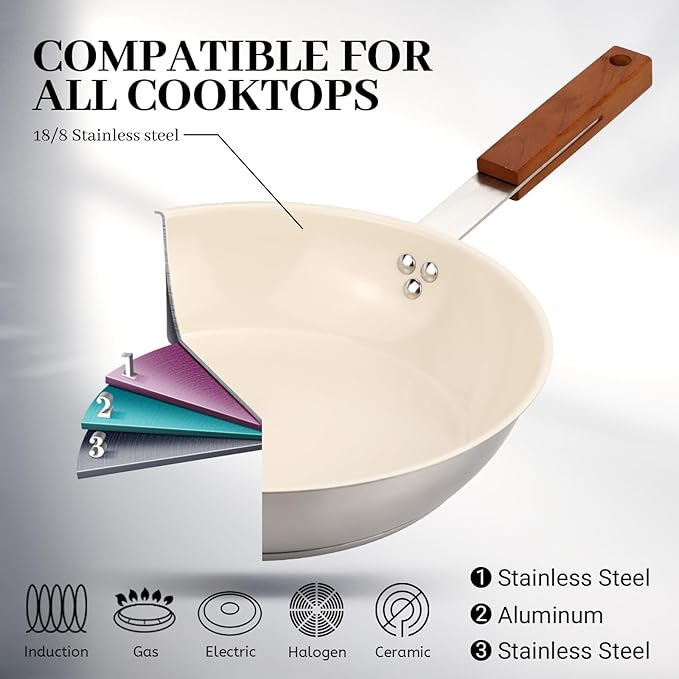 MARSKITOP 9.5" Stainless Steel Frying Pan Skillet with Healthy Ceramic Nonstick Coating and Wooden Handle - Non Toxic and PFAS Free - Compatible with All Cooktops
