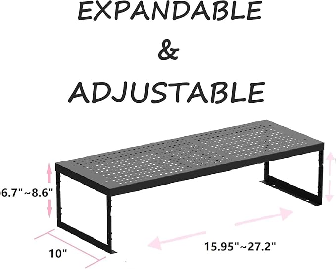 Stackable Expandable Metal Shelf Organizer - Adjustable Wire Storage Rack with Holes for Kitchen, Bathroom, Cabinet, Office - Space Saving, Durable & Sturdy Design（2PACKS/Large/Black