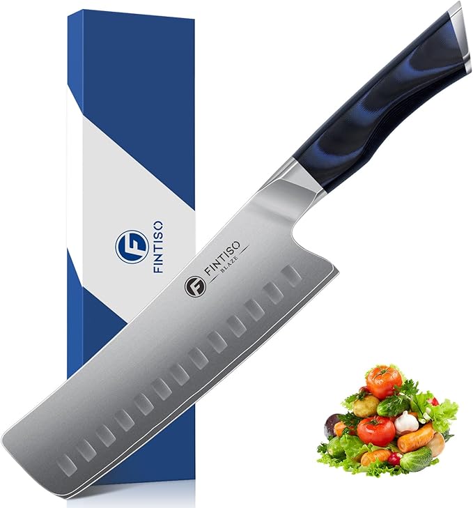 FINTISO 7" Nakiri Knife, Vegetable Chopping Knife with G10 Ergonomic Handle, Japanese High Carbon Stainless Steel Sharp Kitchen Cleaver in Gift Box