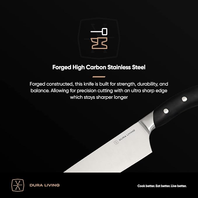 DURA LIVING 8-Inch Chef Knife – Ultra-Sharp German High Carbon Stainless Steel, Full Tang, Ergonomic Handle, Multipurpose Kitchen Knife for Chopping, Slicing, and Dicing, Black