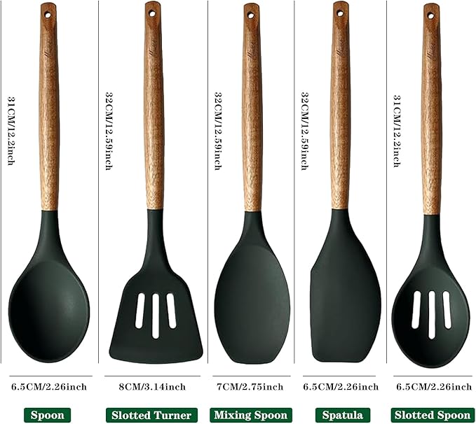 Miusco Non-Stick Silicone Cooking Utensils Set with Natural Acacia Hard Wood Handle, 5 Piece, High Heat Resistant (Green)