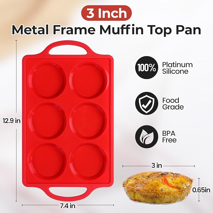 CAKETIME Muffin Top Pan Non Stick, 3 Inch Metal Frame Round Egg Baking Pan for Oven English Muffins, Whoopie Pies, Corn Bread, Egg Bites, Breakfast Sandwiches Tarts 3 Pack Red