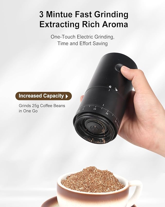 Lamido Portable Electric Coffee Grinder with Ceramic Conical Burr - 38 Adjustable Grind Settings -1500 mAh Battery Rechargeable - Auto-Stop - Washable for Espresso, Pour Over - Travel, Camping (Black)