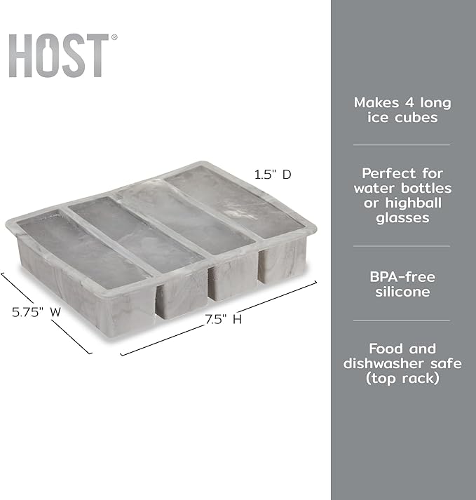 Host Ice Cube Tray, Makes Four 5-Inch Long Cubes, Durable Silicone Trays with Easy Release Design, Perfect for Water Bottles and Highball Glasses, Home Bar Accessories, Set of 1, Marble