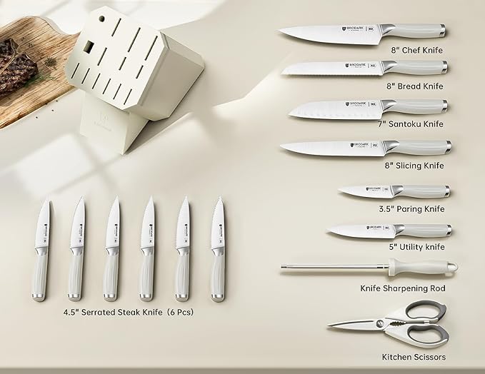 BRODARK Kitchen Knife Set with Block and Sharpener – 15-Piece Ultra Sharp White Knife Set Full Tang Stainless Steel Knife Block Set with Ergonomic Handle – Christmas Gift, Roman Series