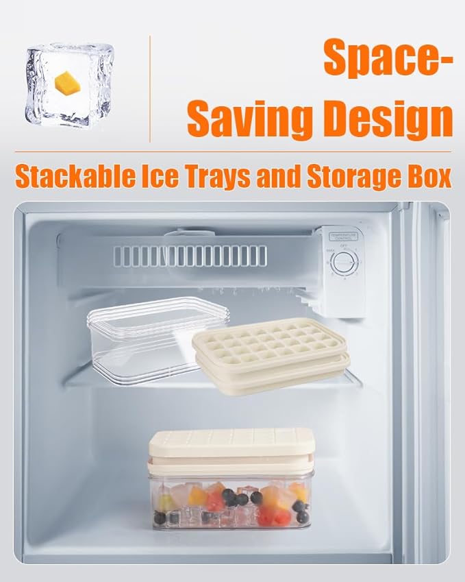 Brigii Ice Cube Tray with Lid&Bin, Ice Cube Mold with 56 Cubes, Stackable Ice Trays for Freezer with Easy-Release Silicone Bottom, for Drinks, Coffee, cocktail