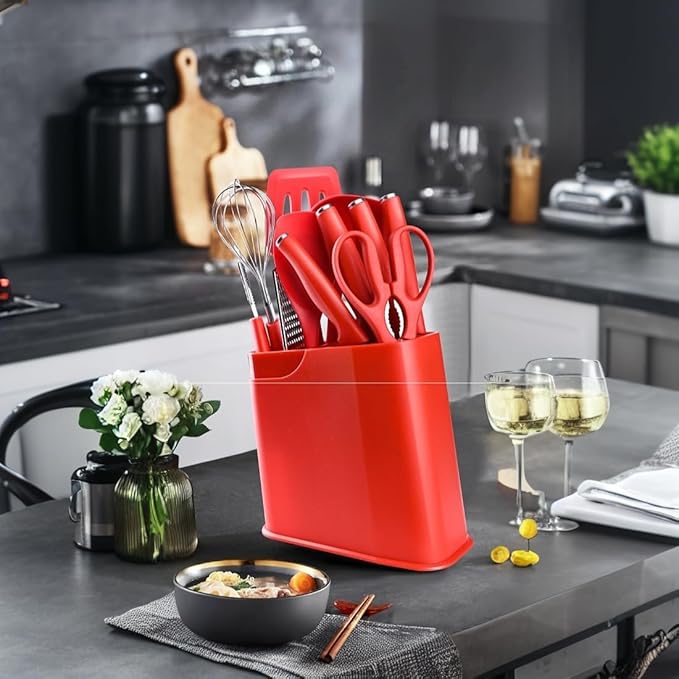 12-Piece Silicone Kitchen Utensil Set with Stainless Steel Knives – Heat-Resistant Spatula, Spoon, Peeler, Non-Scratch Cooking Tools for Baking, Frying & Grilling (Red)