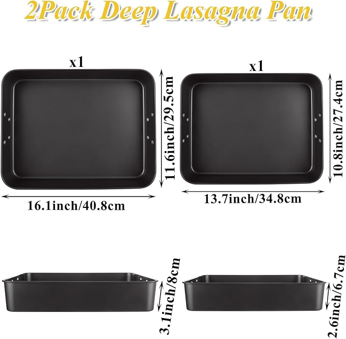 CYEAH 2 Pack Lasagna Pan Deep Baking Pan for Oven, 13.7 in & 16 inch Baking Dishes for Oven, Roasting Pan Brownie Pan with Handles, Nonstick Rectangle Cake Pans Sets for Baking Cooking, Black