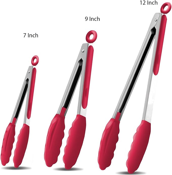 Kitchen Tongs with Silicone Tips,Tongs for Cooking Heat Resistant 600 Degrees Stainless Steel Locking Tongs,Red Set of 3-7", 9" and 12"