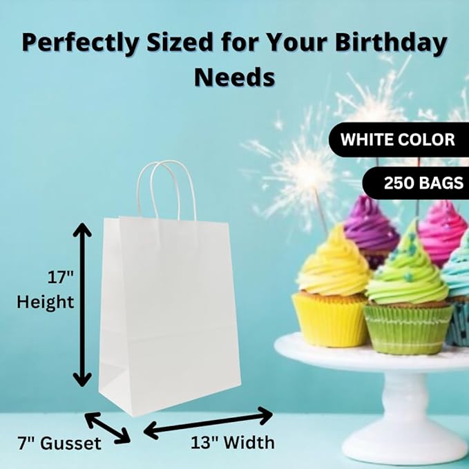 ASSUREPAK White Paper Bags - 250 Bags - 13"x7"x17" - 74 LB Weight basis (110 GSM strong) Twisted Handle - Gift Bags for Decorating, Birthdays & Events - 13717WHITEPAPTHDL