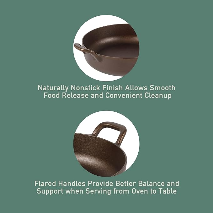 Bloomhouse Natural Bronze Finish 13-Inch Round Cast Iron Everyday Pan – Olive Oil Treated Cooking Surface with Dual Handles & Olive Wood Trivet, Oven, Stovetop & Campfire Safe