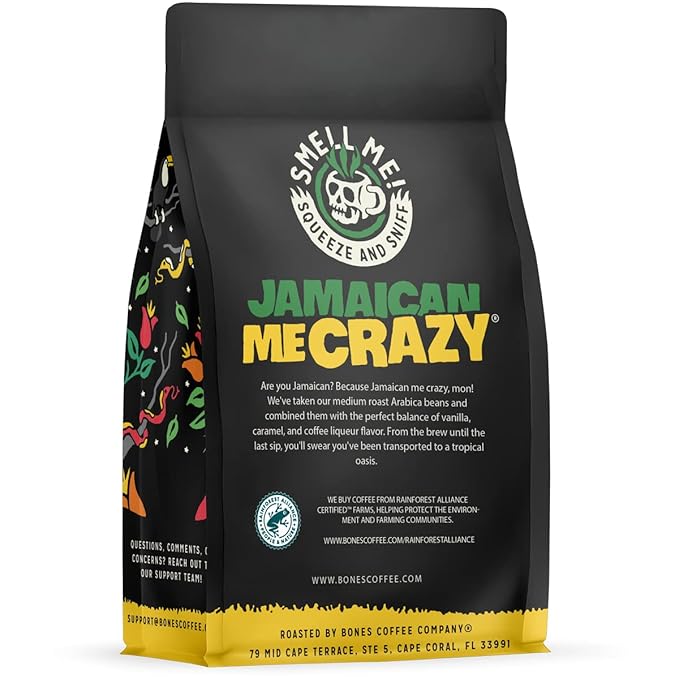 Bones Coffee Company Jamaican Me Crazy, Vanilla Caramel Flavored Coffee, Medium Roast Low Acid Arabica Beans Compatible with Auto drip and French Press Coffee Maker, 12 Oz Ground