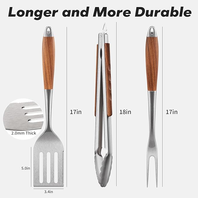 ENLOY Heavy-Duty Barbecue Grilling Tools Set, Outdoor Grill Accessories with Spatula, Fork & Tongs, Extended Rosewood Handle & Food-Grade Stainless Steel for Barbecue & Grill, 3Pcs BBQ Tools for Men