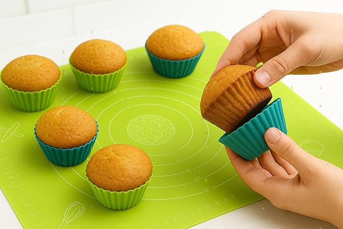 Silicone Baking Set with Silicone Baking Mat (12” x 16”) and 10 Standard Cupcake Liners (2.7” Reusable Muffin Cups) – Nonstick Pastry Mat for Rolling Dough, Oven Safe, BPA Free, Easy to Clean