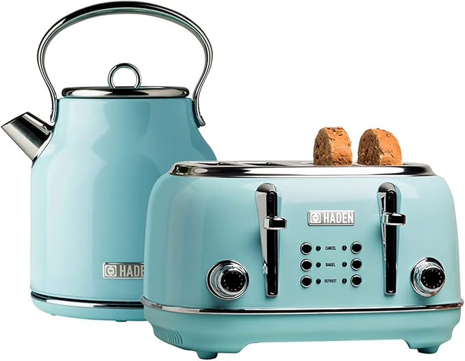 Haden Heritage 4 Slice Wide Slot Stainless Steel Toaster Bundled with 1.7 Liter Stainless Steel Electric Water Kettle, Turquoise & Chrome