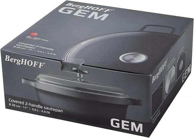 BergHOFF GEM Nonstick 11" Sauté Pan 4.9qt., Sturdy 2-Handle, Glass Lid, Ferno-Green, Non-Toxic PFOA-Free Coating, Ovensafe