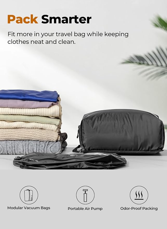 Vacuum Bags for Travel with Wireless Pump, IP67 Waterproof, Reusable Space Saver Compression Bags for Backpack, Suitcase, Home Storage(3 Pack + Pump)