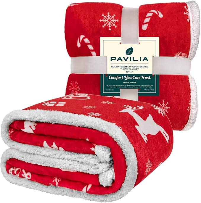 PAVILIA Premium Christmas Sherpa Throw Blanket | Christmas Decoration Gift, Fleece, Plush, Warm, Cozy Reversible Microfiber Holiday Blanket | Red Reindeer - 50x60
