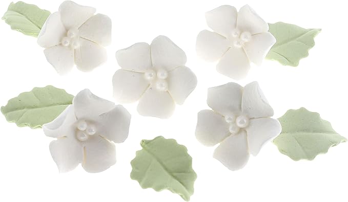 Global Sugar Art Blossoms and Leaves Edible Sugar Cake & Cupcake Flowers, White, Small Unwired, 24 Count with Leaves by Chef Alan Tetreault