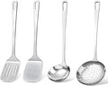 4 Pcs Cooking Utensils Set, Stainless Steel Kitchen Utensils, Heat Resistant Metal Kitchen Tools Include Solid & Slotted Turner Wok Spatula, Serving Spoon, Ergonomic Handle, Easy to Clean, Silver