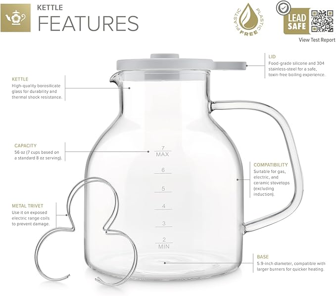 Teabloom Purity Glass Whistling Kettle – 100% Plastic-Free, Premium Borosilicate Glass, 56 oz (7-Cup) Capacity, Stovetop Safe, Lead-Safe & Chemical-Free Water Boiling with Whistle Cue